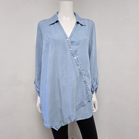 Soft Surroundings L Chambray Top Shirt Asymmetrical Hem Wrap Roll Tab Long Slv - Picture 1 of 7